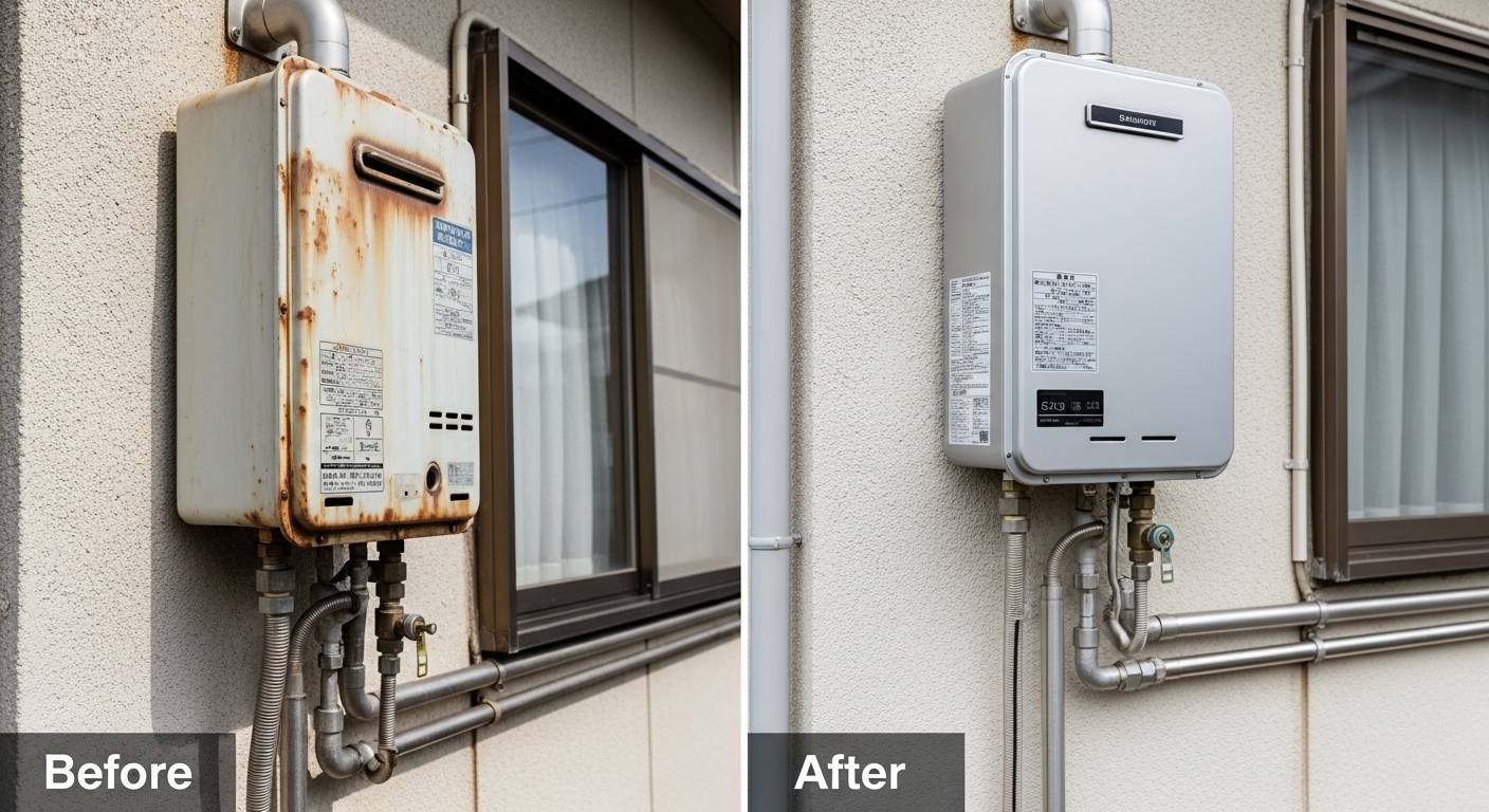 古い給湯器が最新式に！福山市での劇的BeforeAfter